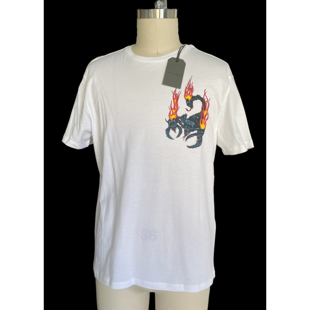 All Saints Men's White Cotton Stinger SS Crew T-shirt, oversized styling X-small
